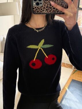 Reformation Navy Sweater with Red Cherries
